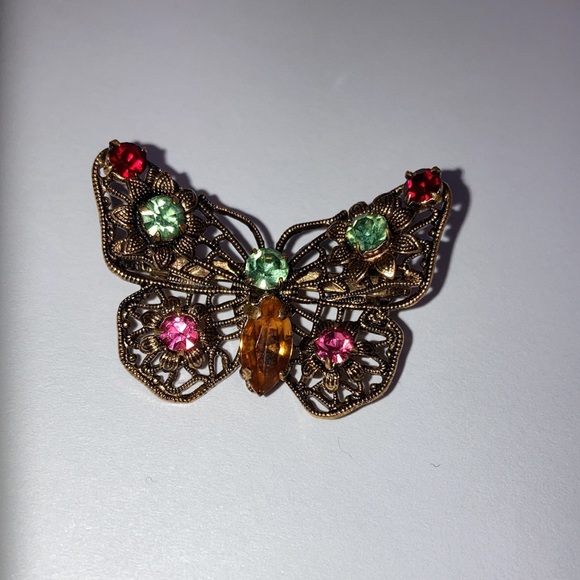 Vintage 50’s butterfly brooch multicolour gemstones,  bronze coloured frame. - Picture 3 of 7